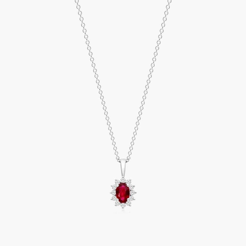 18K White Gold Oval Halo Ruby And Diamond Necklace By James Allen