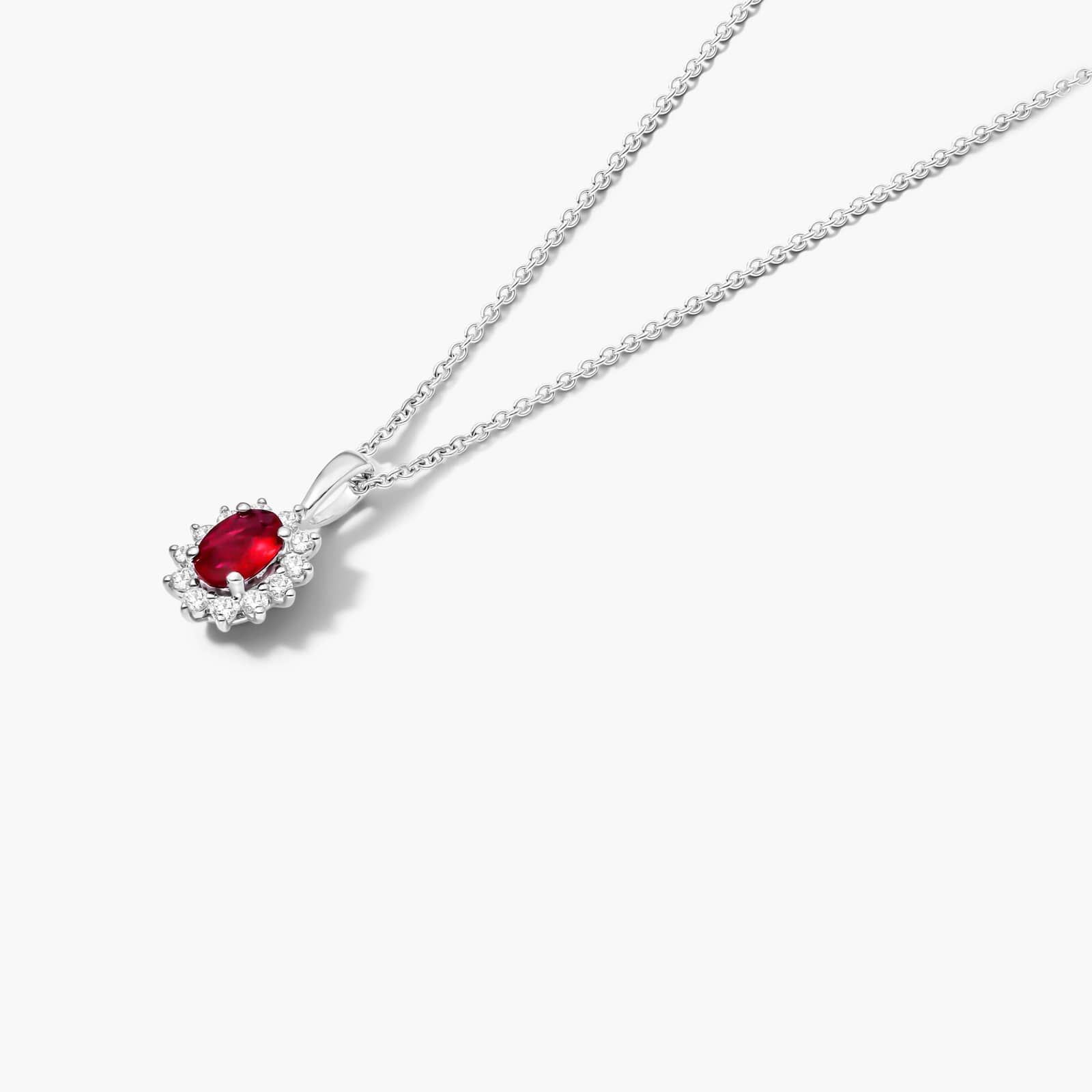 18K White Gold Oval Halo Ruby And Diamond Necklace By James Allen