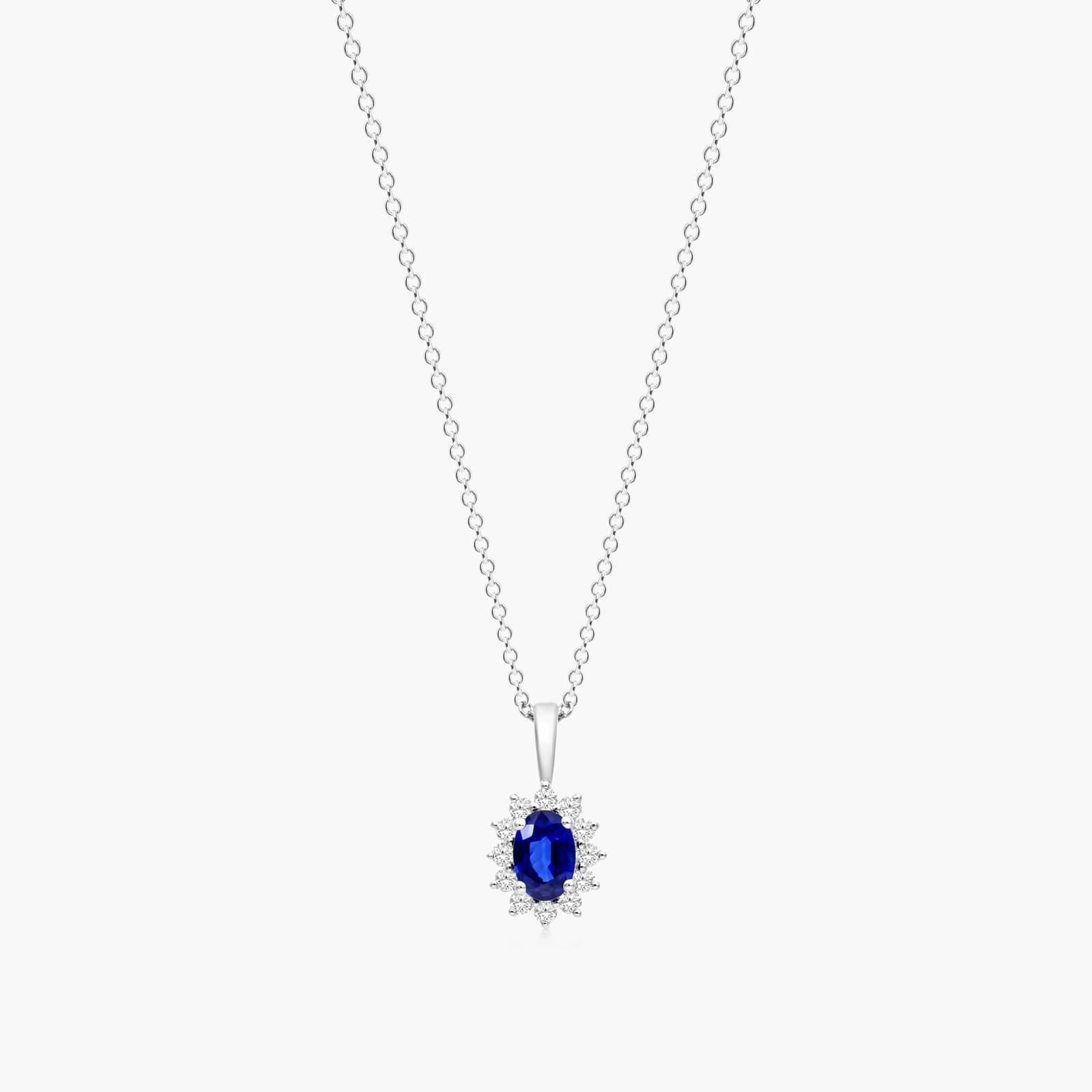 18K White Gold Oval Halo Sapphire And Diamond Necklace By James Allen