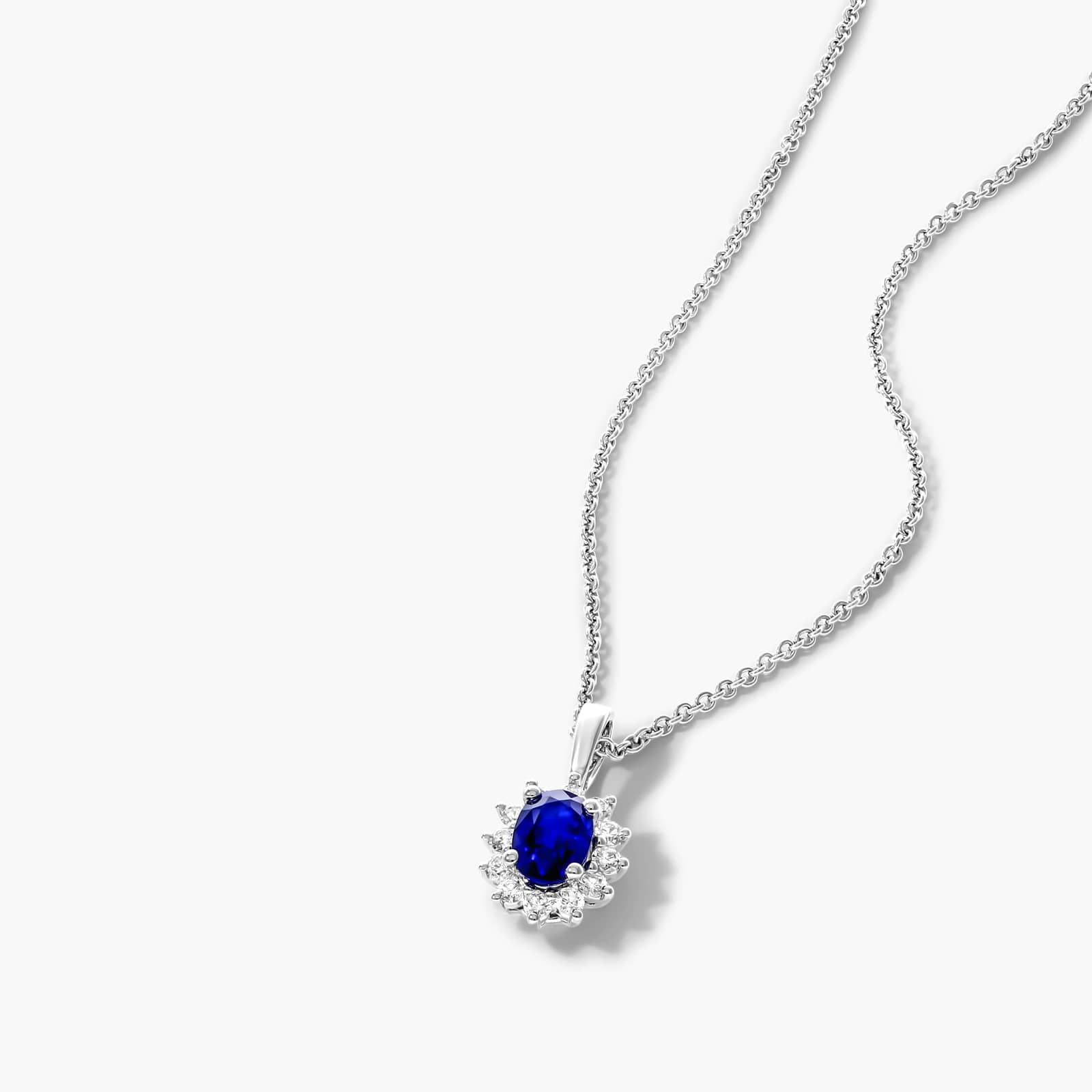 18K White Gold Oval Halo Sapphire And Diamond Necklace By James Allen