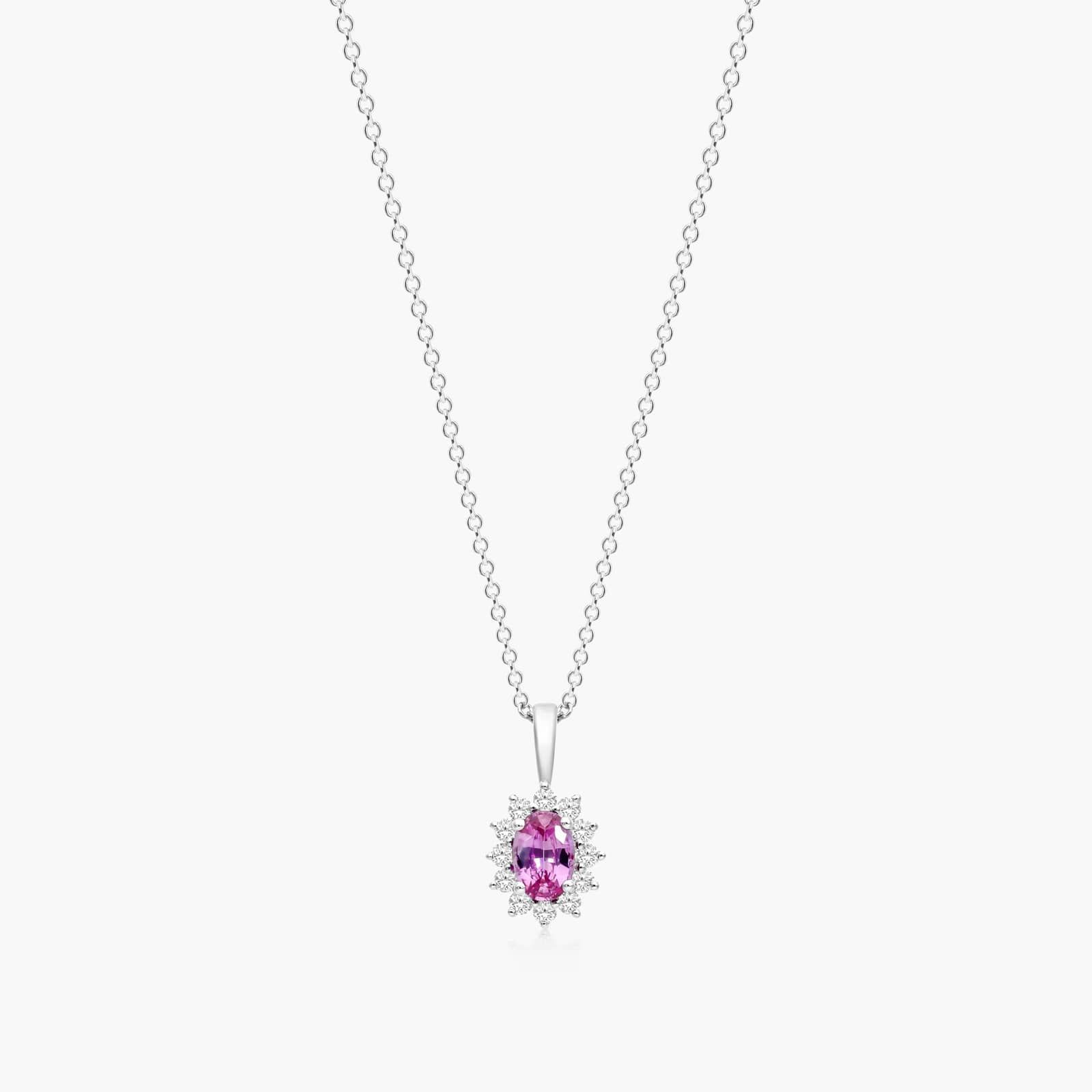 18K White Gold Oval Halo Pink Sapphire And Diamond Necklace By James Allen