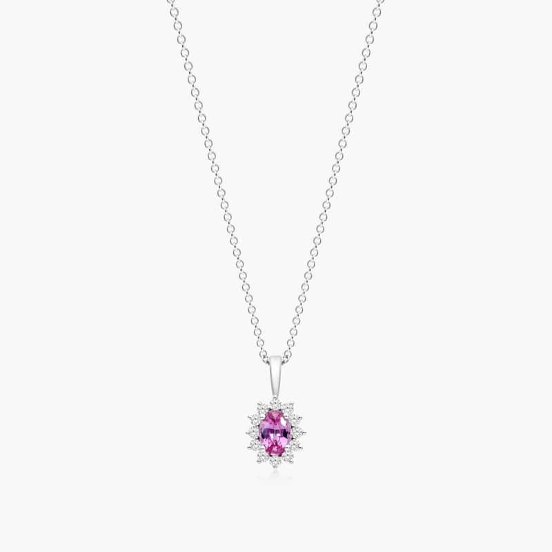 18K White Gold Oval Halo Pink Sapphire And Diamond Necklace By James Allen