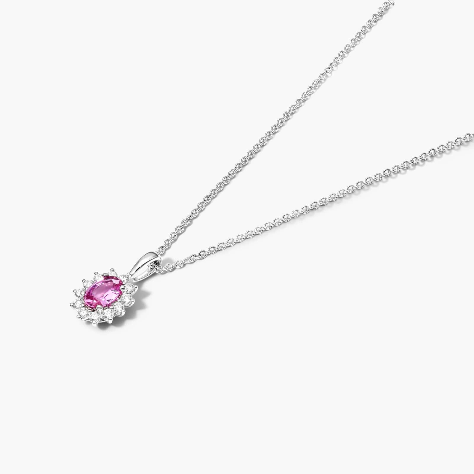 18K White Gold Oval Halo Pink Sapphire And Diamond Necklace By James Allen