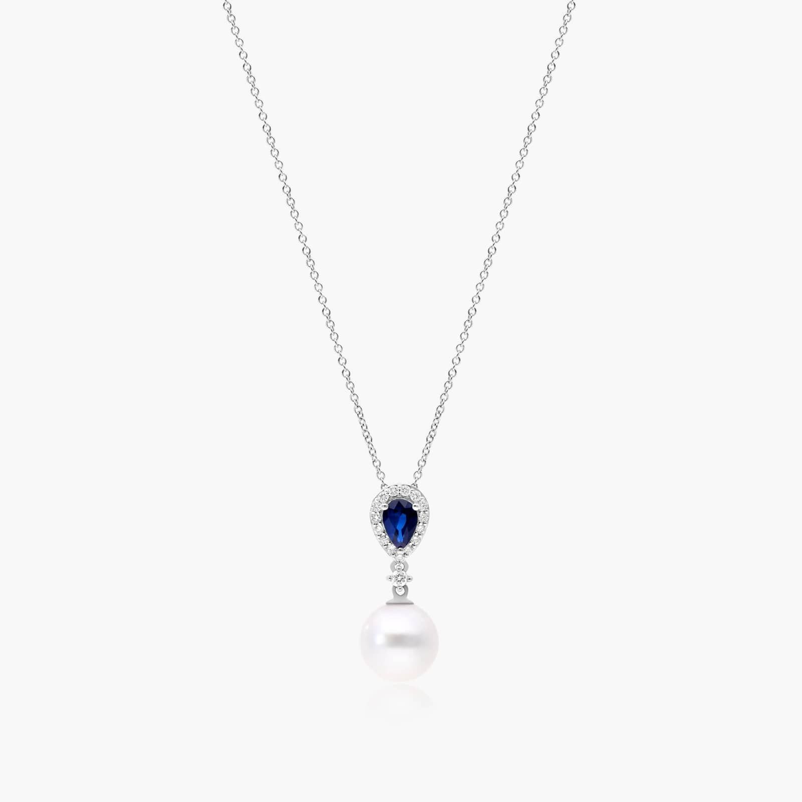 14K White Gold Akoya Cultured Pearl and Sapphire Drop Necklace (9.5mm) By James Allen