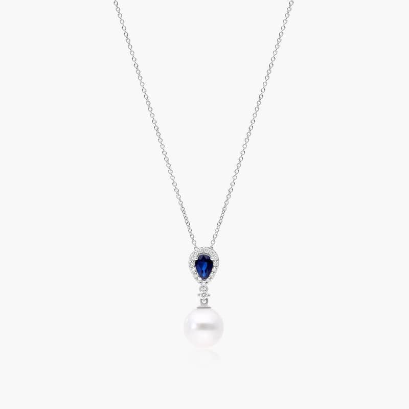 14K White Gold Akoya Cultured Pearl and Sapphire Drop Necklace (9.5mm) By James Allen