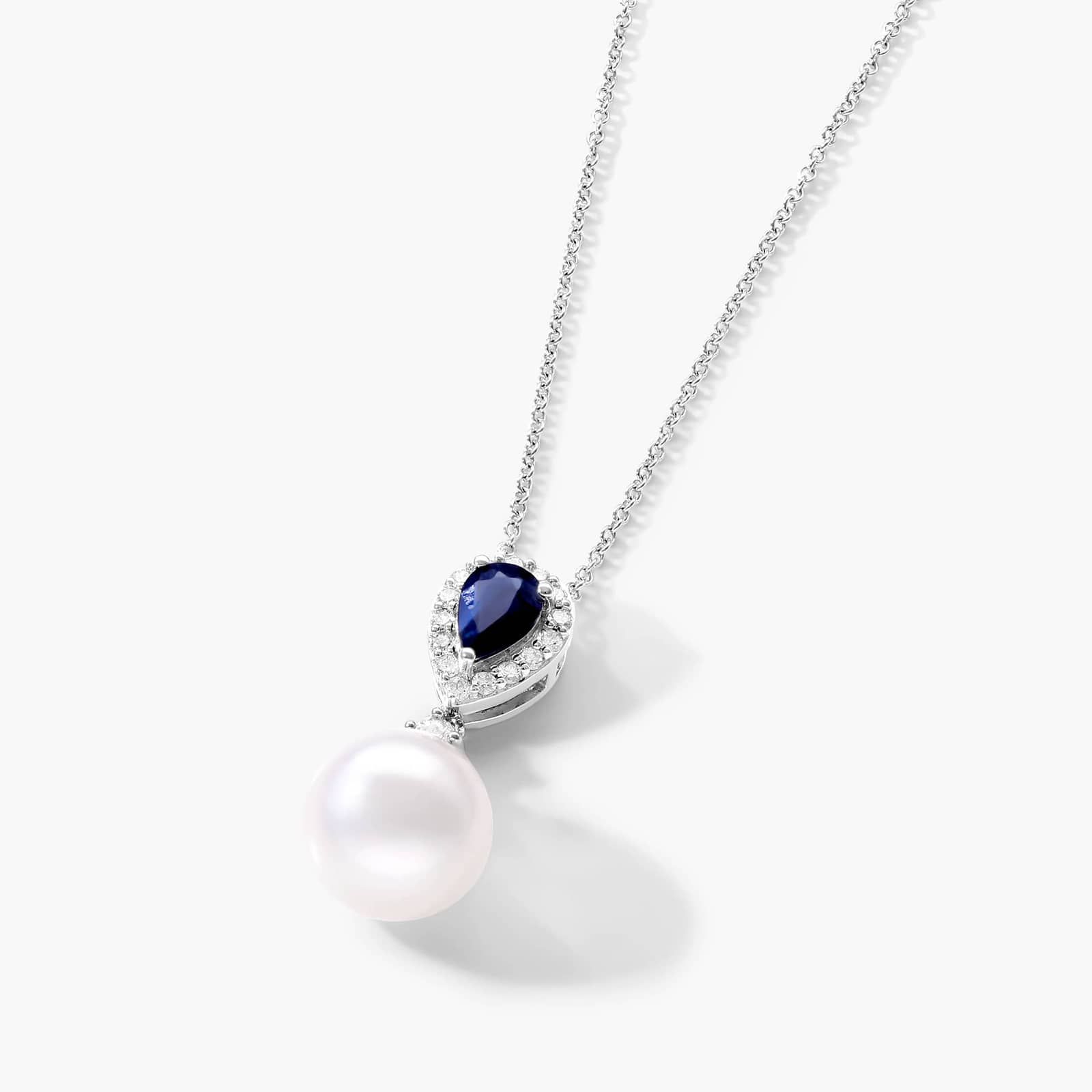 14K White Gold Akoya Cultured Pearl and Sapphire Drop Necklace (9.5mm) By James Allen