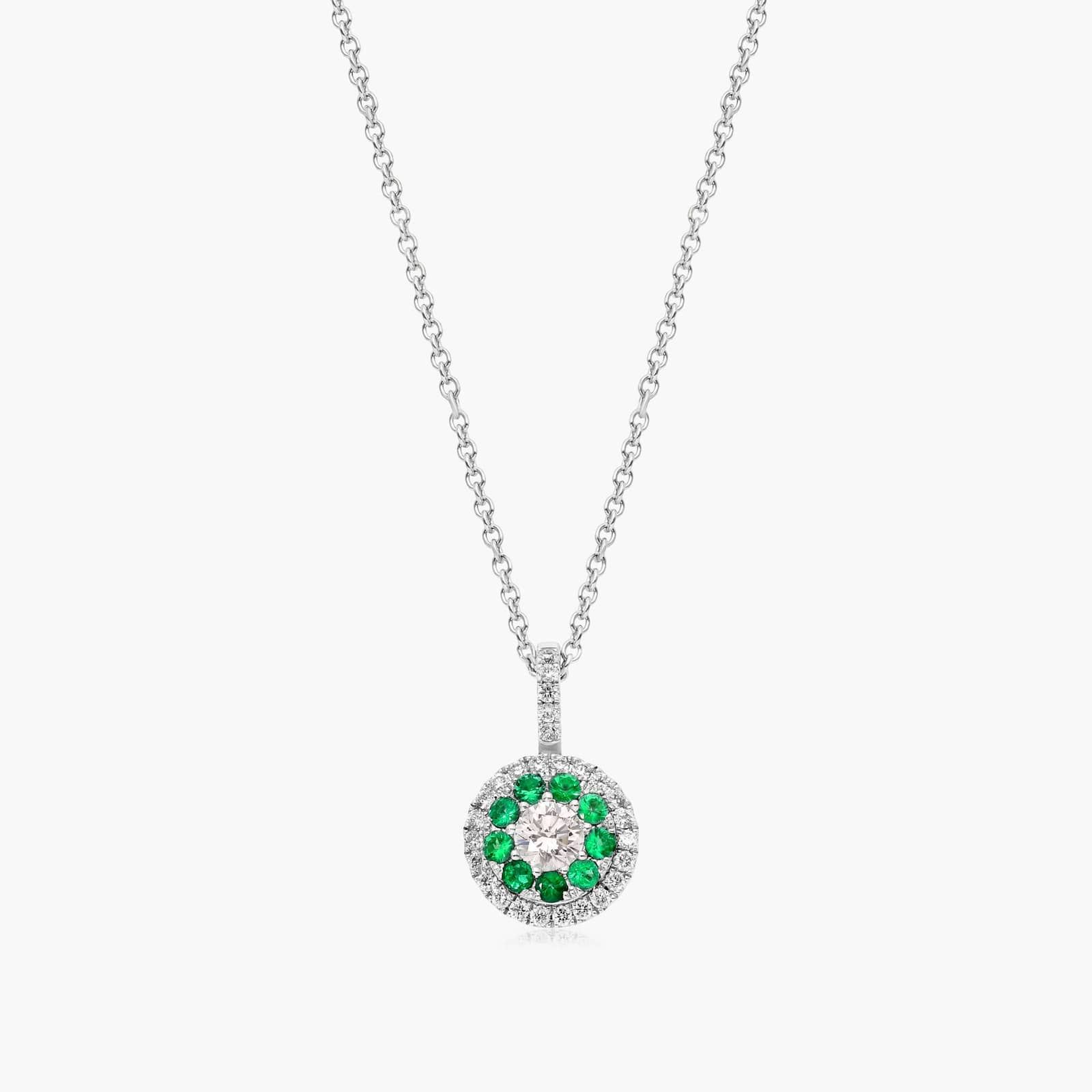 14K White Gold Double Halo Emerald and Diamond Necklace By James Allen