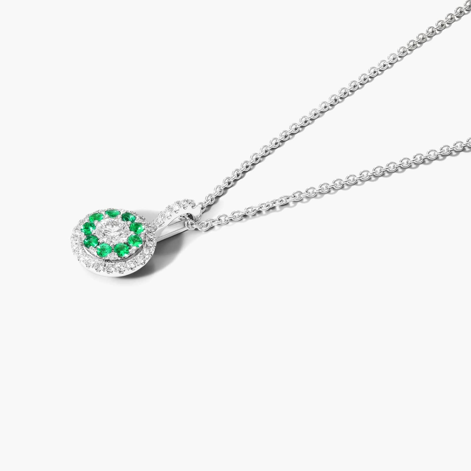14K White Gold Double Halo Emerald and Diamond Necklace By James Allen