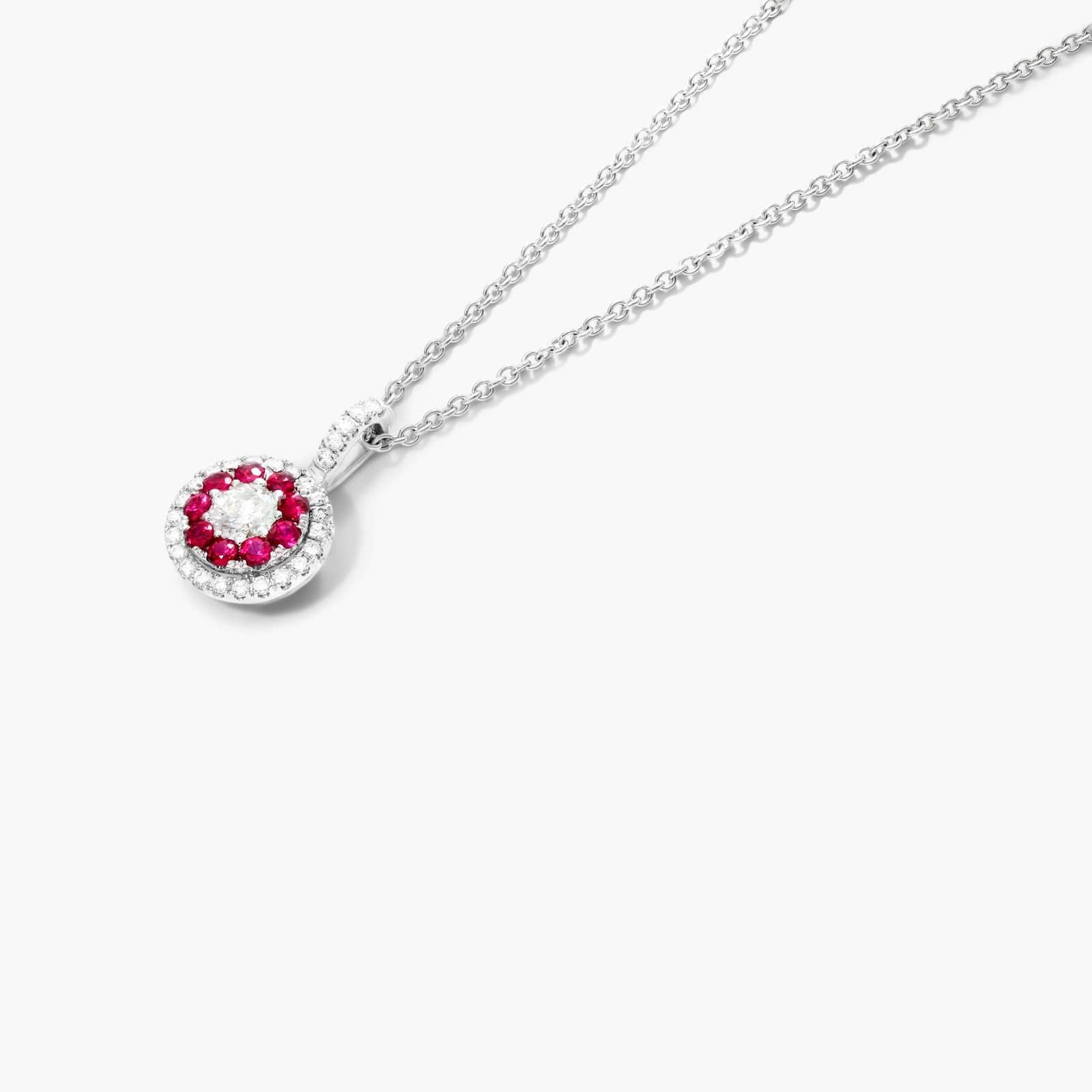14K White Gold Double Halo Ruby and Diamond Necklace By James Allen