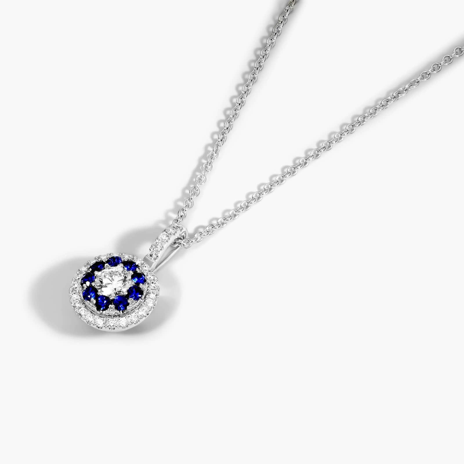 14K White Gold Double Halo Sapphire and Diamond Necklace By James Allen