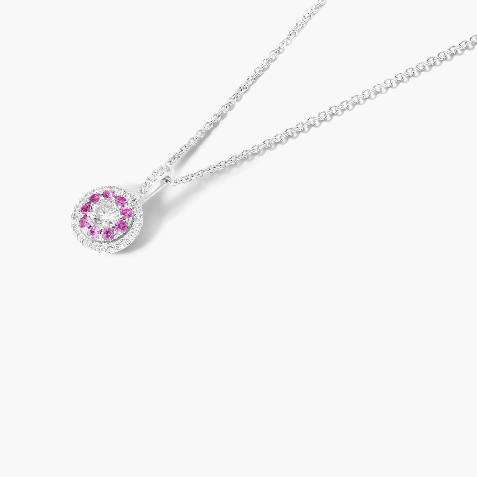 14K White Gold Double Halo Pink Sapphire and Diamond Necklace By James Allen