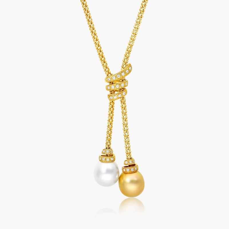 18K Yellow Gold Lariat Diamonds and White & Golden South Sea Cultured Pearl Necklace By James Allen