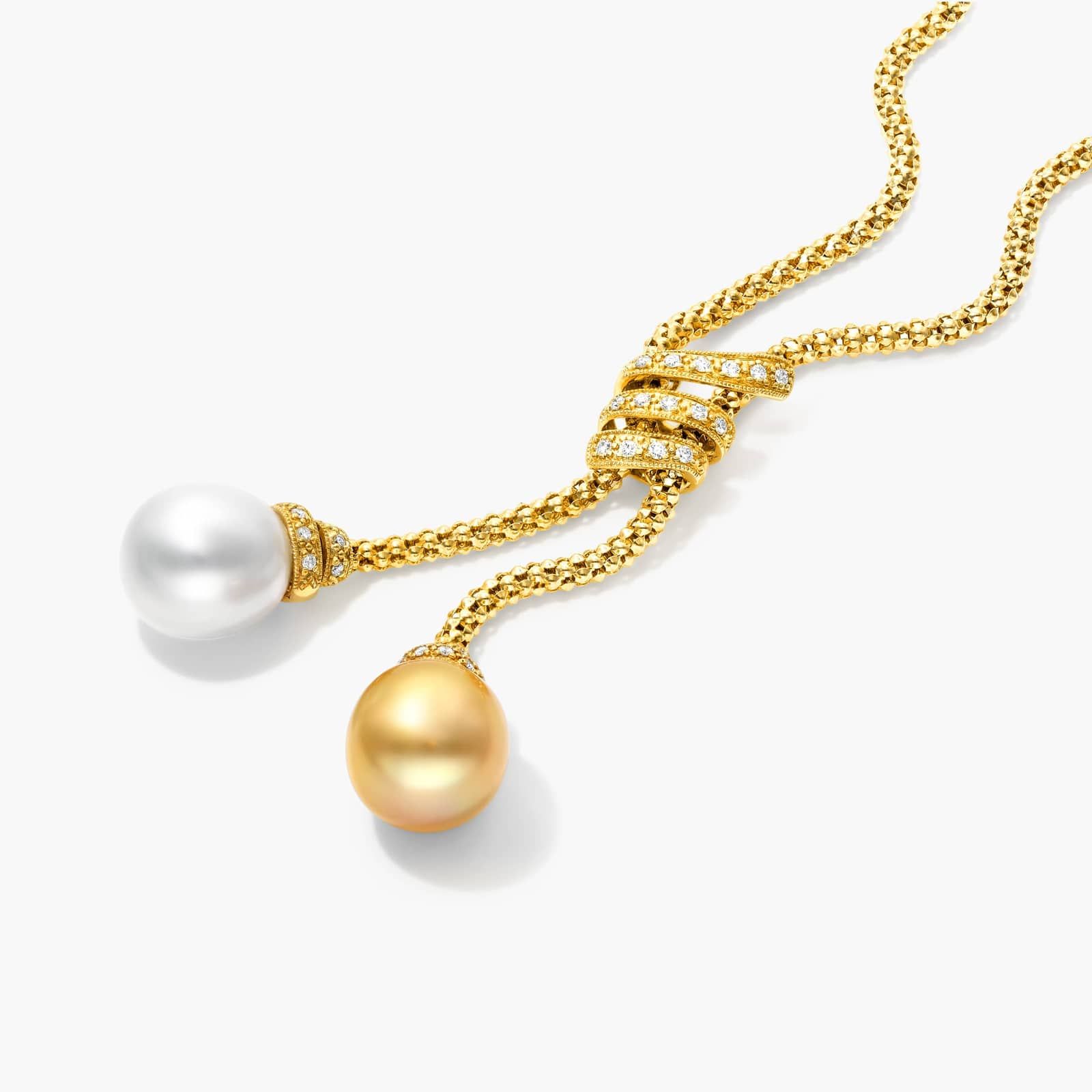 18K Yellow Gold Lariat Diamonds and White & Golden South Sea Cultured Pearl Necklace By James Allen