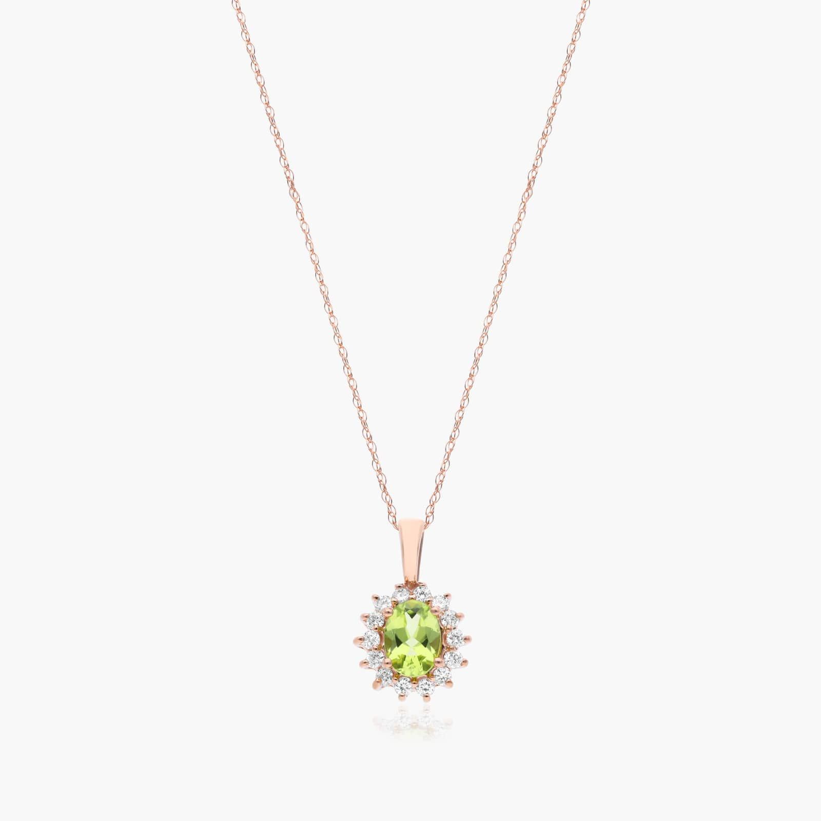14K Rose Gold Oval Halo Peridot and Diamond Necklace (7.0x5.0mm) By James Allen