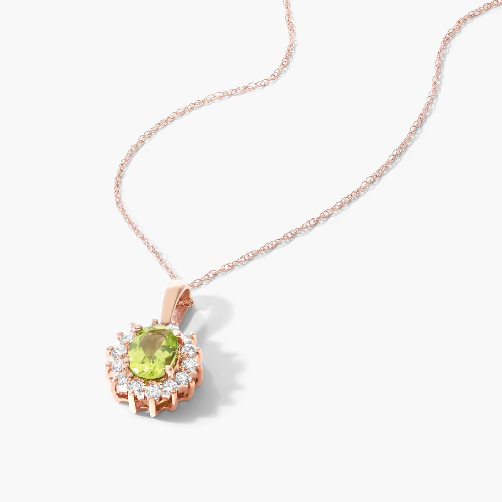 14K Rose Gold Oval Halo Peridot and Diamond Necklace (7.0x5.0mm) By James Allen