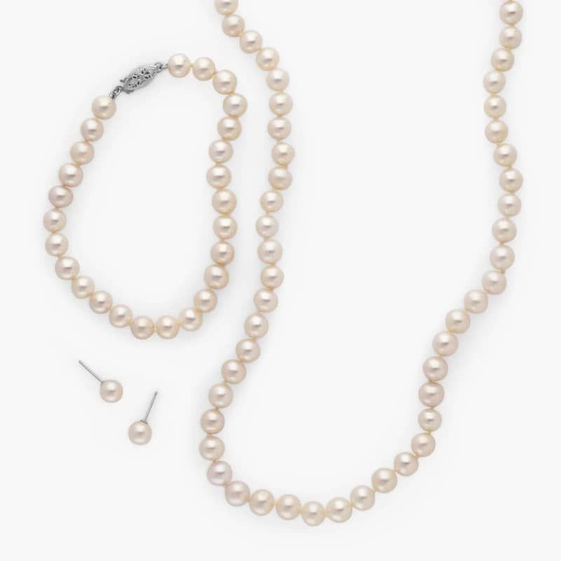 Freshwater Pearl Necklace, Bracelet, Earring Set in 14K White Gold Set