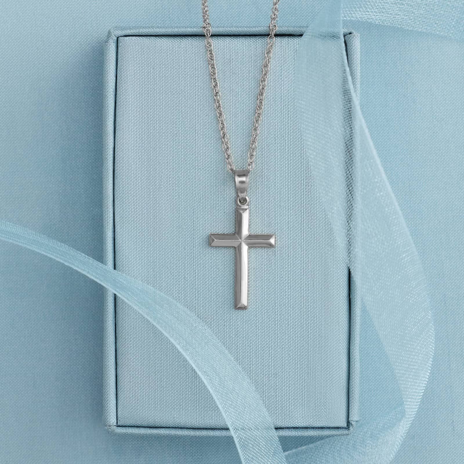 Plain Metal Cross Necklace in 14K White Gold