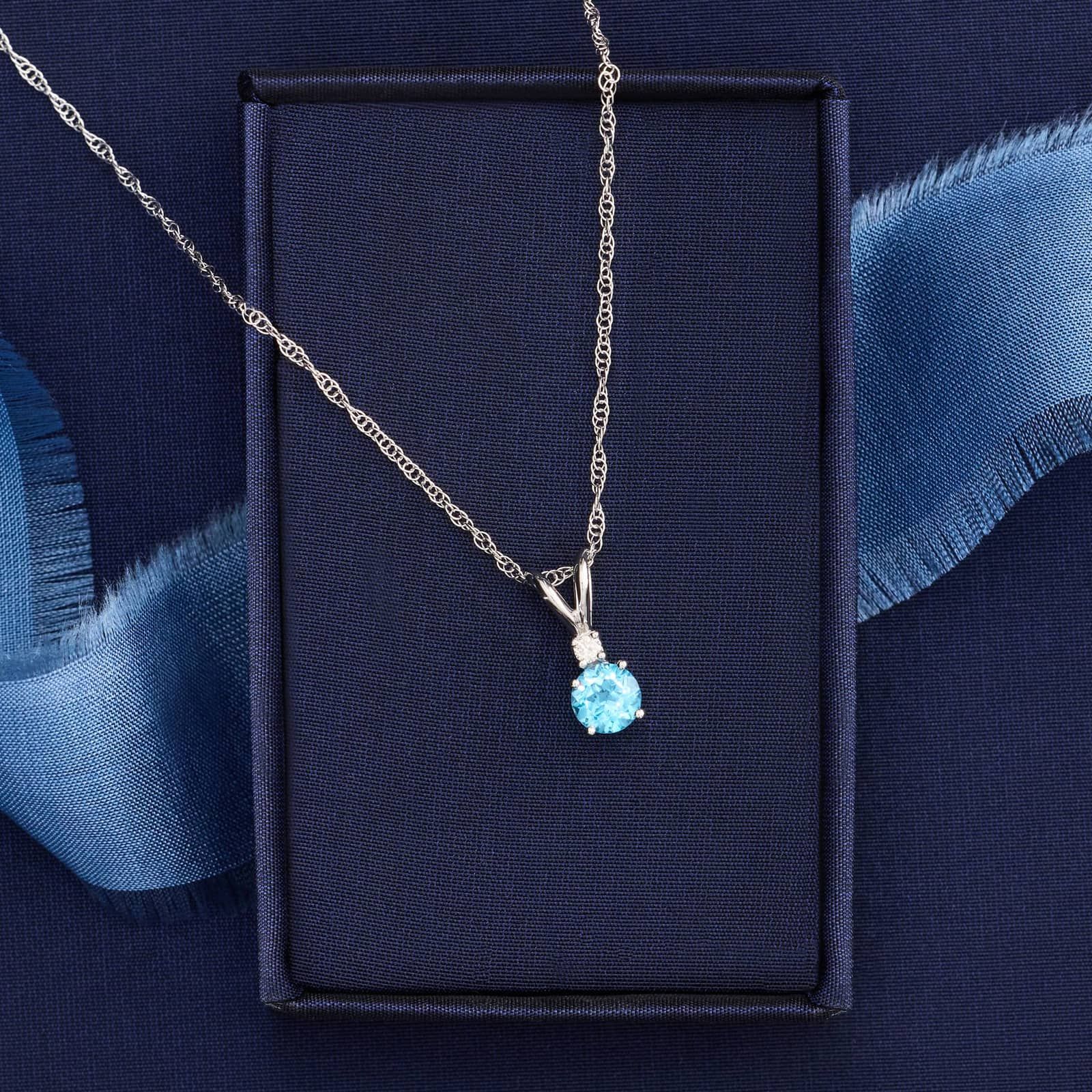 Blue Topaz Necklace Diamond Accent in 14K White Gold (1/50 ct. tw.)