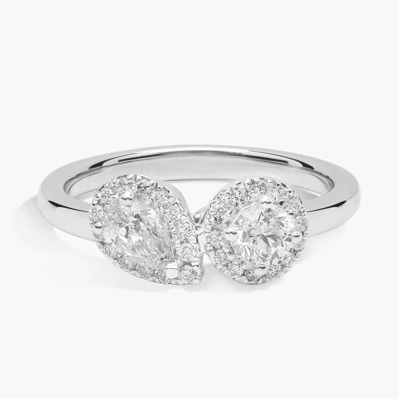 Round and Pear Halo Two Stone Diamond Ring in 14k White Gold (3/4 ct. tw.)