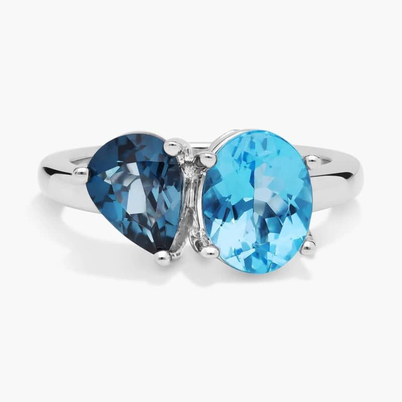 Swiss Blue Topaz and Blue Topaz Two Stone Ring in 14k White Gold