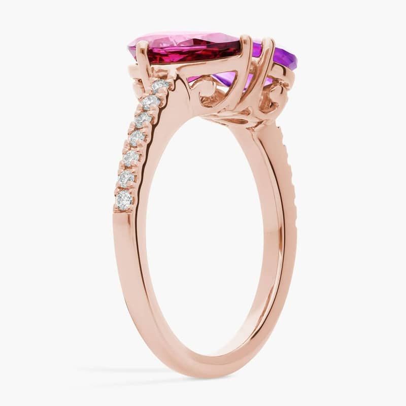 Rhodolite and Amethyst Two Stone Ring with Diamond Halo in 14k Rose Gold