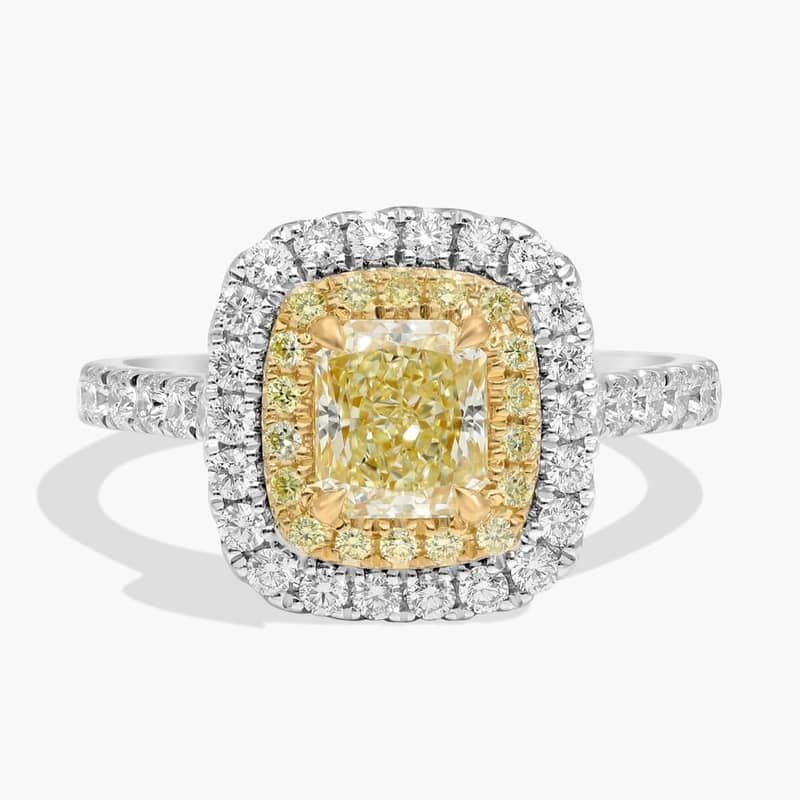 Yellow Radiant Diamond Center with Yellow and White Double Halo Ring in Platinum and 18k White Gold (1 3/4 ct. tw.)