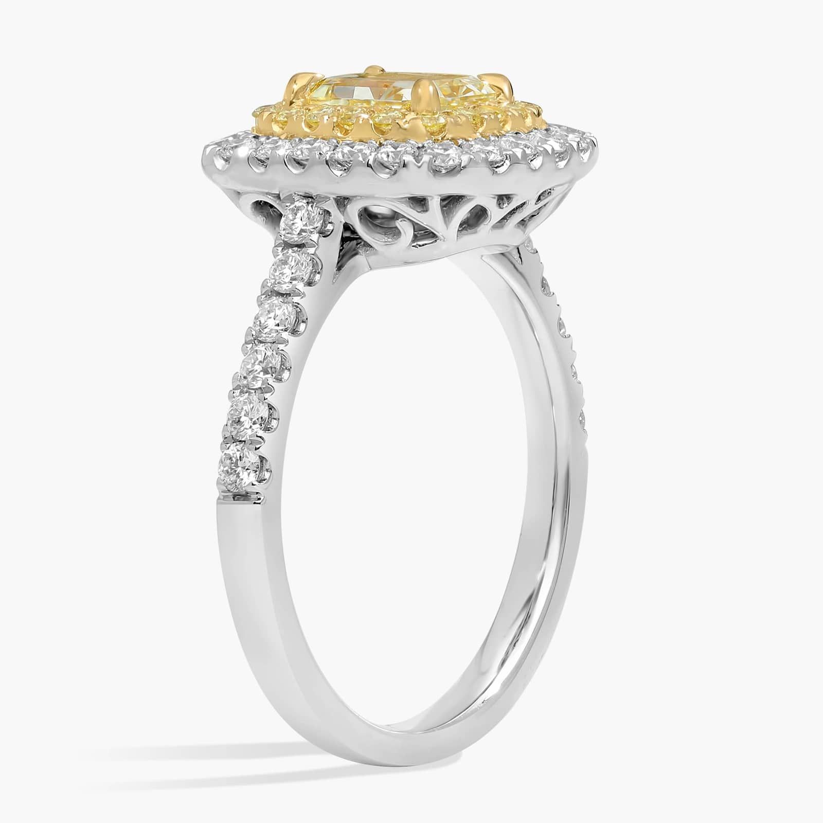 Yellow Radiant Diamond Center with Yellow and White Double Halo Ring in Platinum and 18k White Gold (1 3/4 ct. tw.)