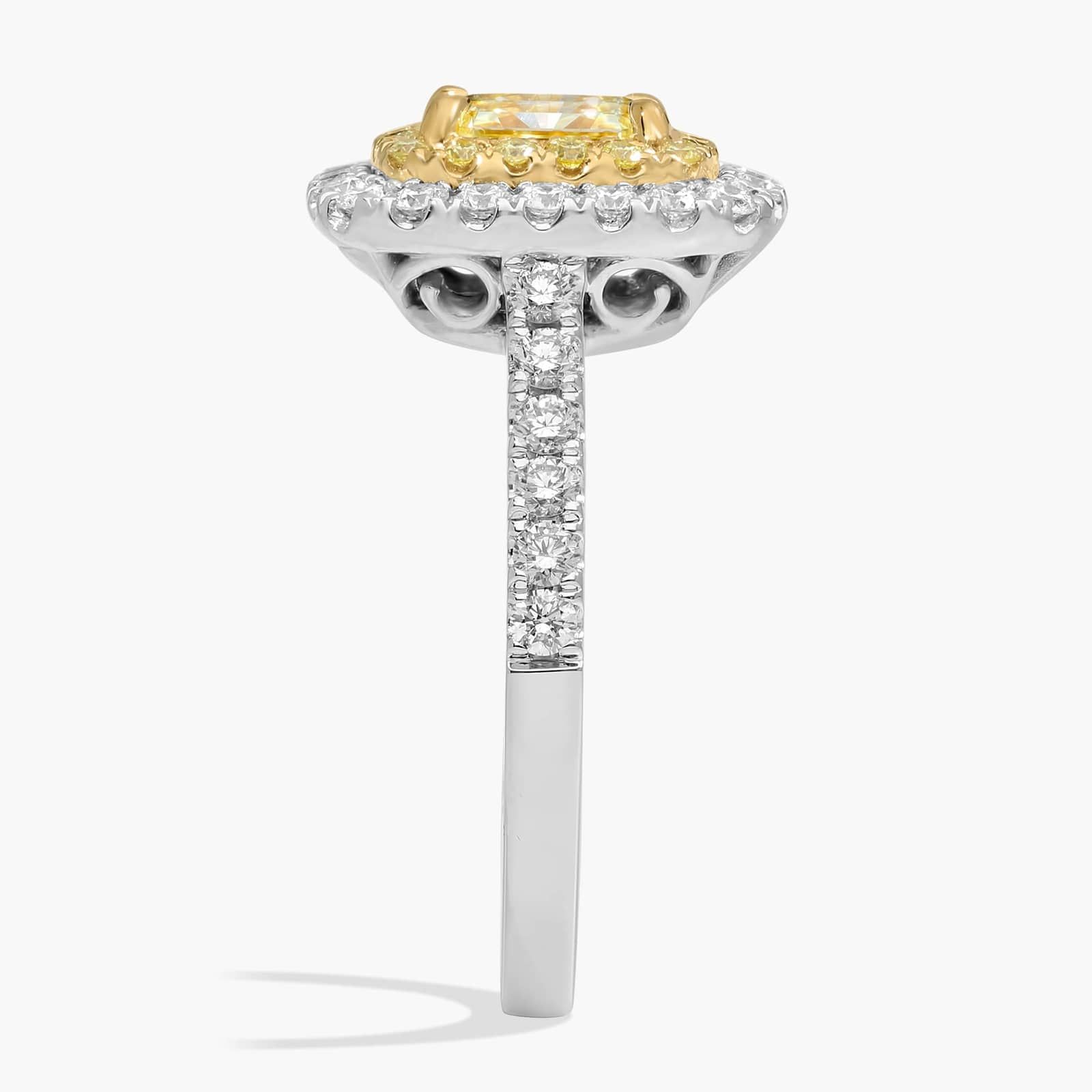 Yellow Radiant Diamond Center with Yellow and White Double Halo Ring in Platinum and 18k White Gold (1 3/4 ct. tw.)