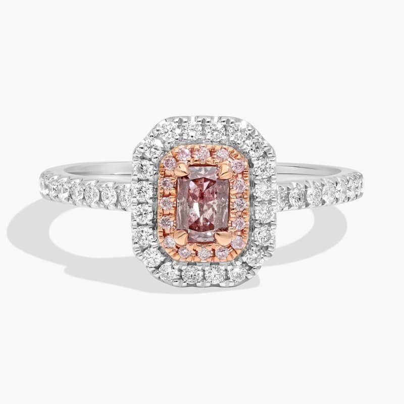 Fancy Brownish Pink Radiant Diamond with Double Diamond Halo Ring in Platinum and 18k Rose Gold (5/8 ct. tw.)
