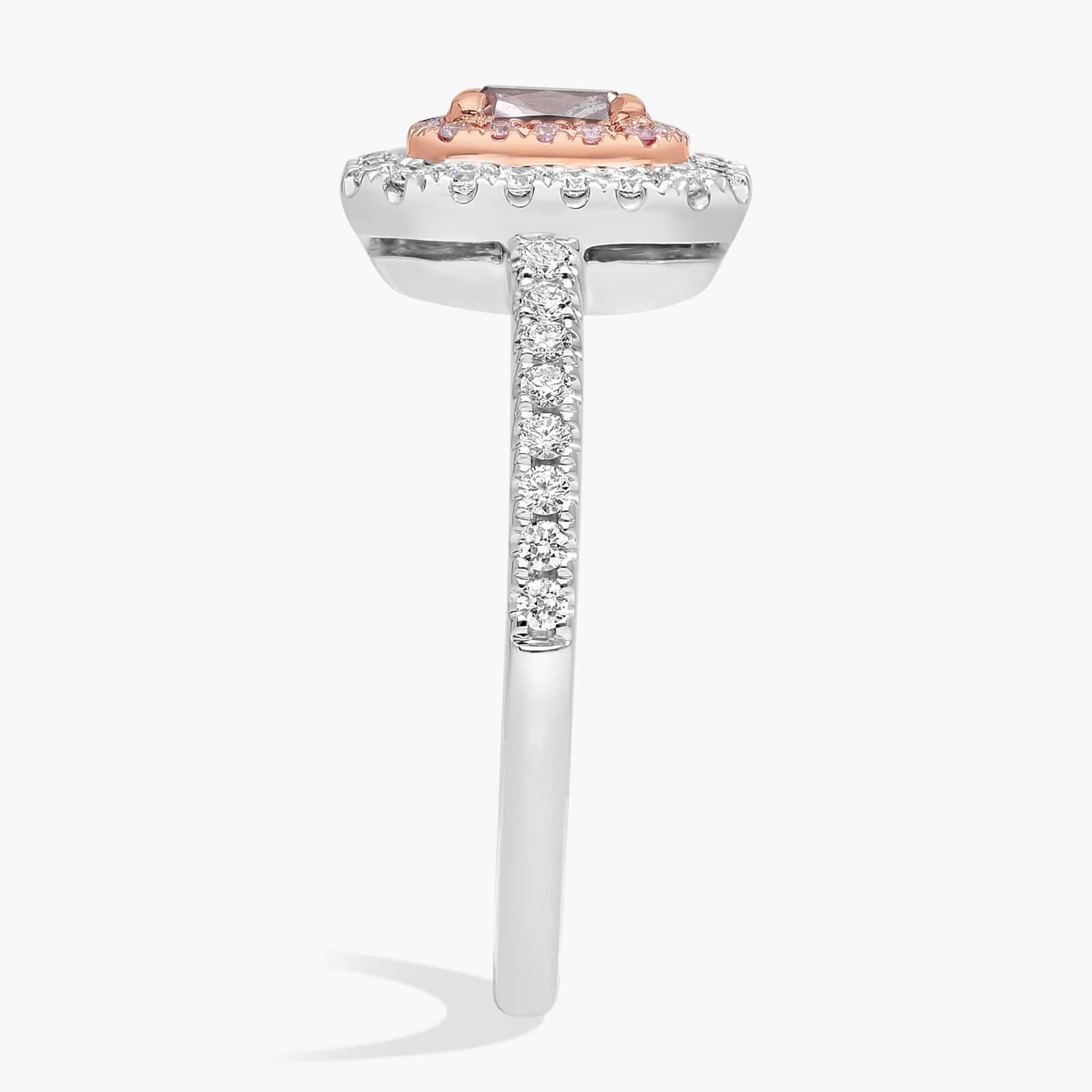 Fancy Brownish Pink Radiant Diamond with Double Diamond Halo Ring in Platinum and 18k Rose Gold (5/8 ct. tw.)