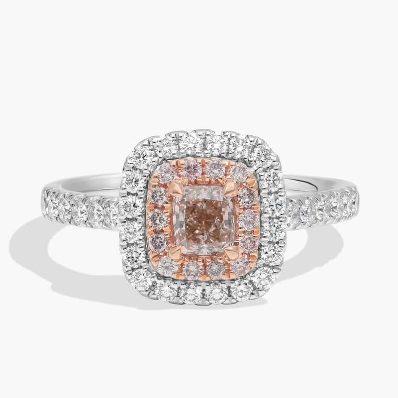Fancy Pink Brown Radiant Diamond with Double Diamond Halo Ring in Platinum and 18k Rose Gold (1 ct. tw.)