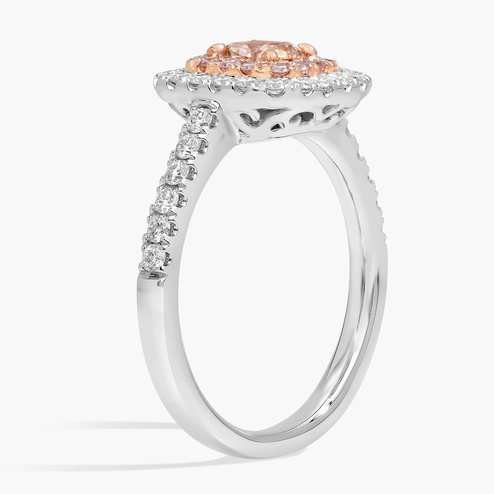 Fancy Pink Brown Radiant Diamond with Double Diamond Halo Ring in Platinum and 18k Rose Gold (1 ct. tw.)