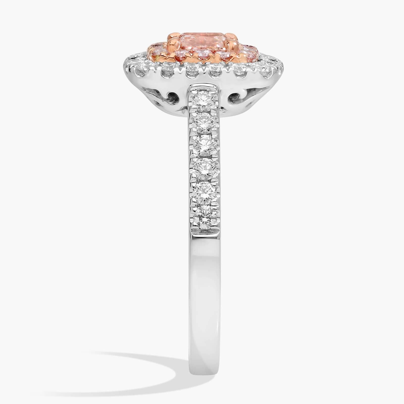 Fancy Pink Brown Radiant Diamond with Double Diamond Halo Ring in Platinum and 18k Rose Gold (1 ct. tw.)