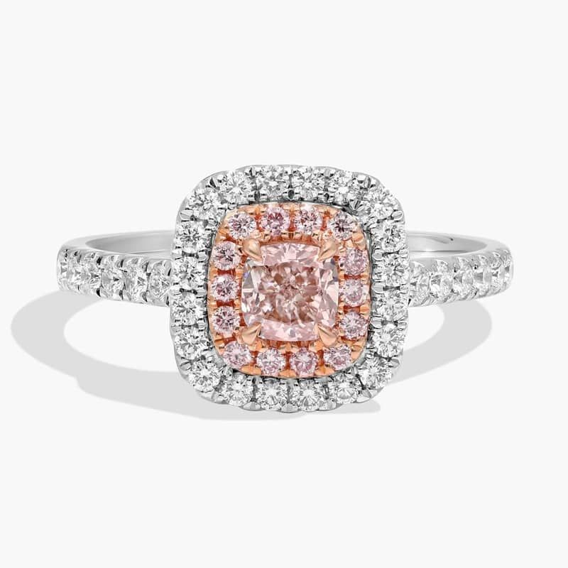 Fancy Pinkish Brown Cushion Diamond Center with Double Halo Ring in Platinum and 18k Rose Gold (1 ct. tw.)