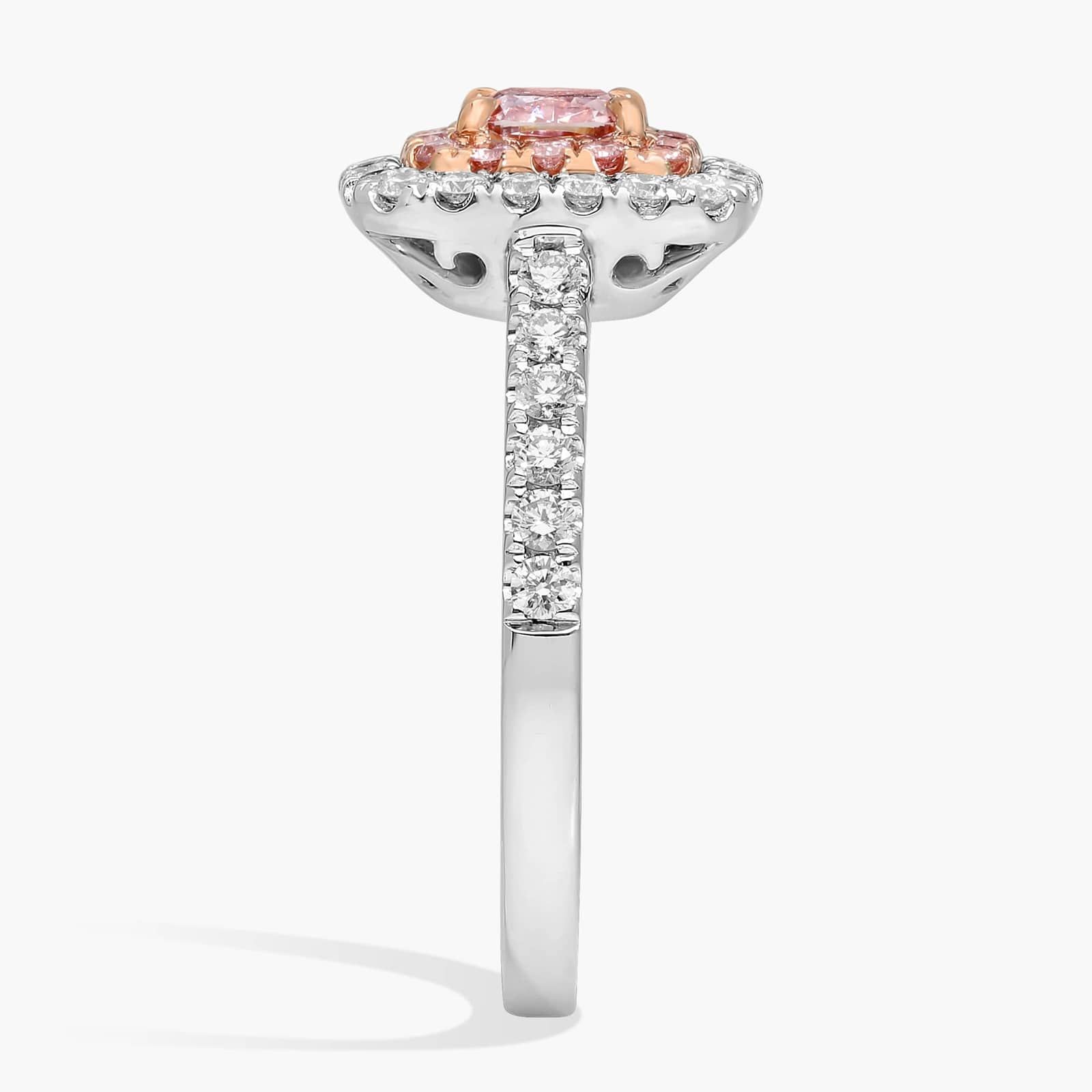 Fancy Pinkish Brown Cushion Diamond Center with Double Halo Ring in Platinum and 18k Rose Gold (1 ct. tw.)