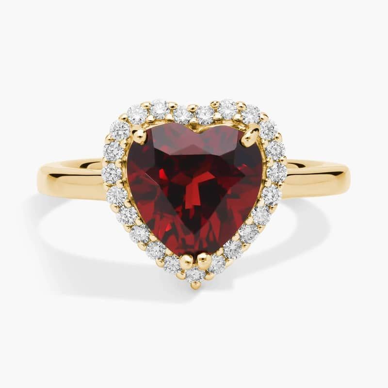 Heart Shaped Garnet and Diamond Halo Ring in 14k Yellow Gold