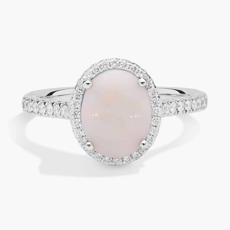 Opal and Diamond Halo Ring in 18k White Gold (10x8mm)