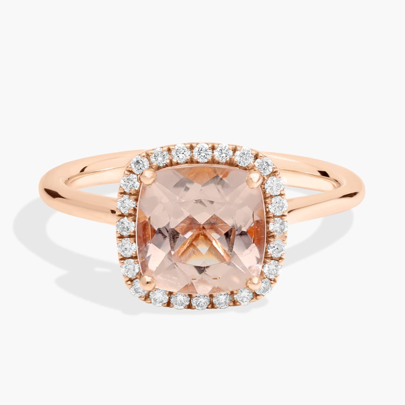 Morganite and Diamond Halo Cushion Ring in 14k Rose Gold (8x8mm)