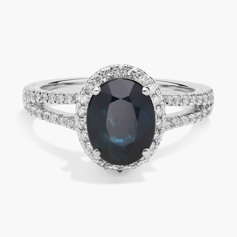 Oval Sapphire and Diamond Halo Split Shank Ring in 18k White Gold (9x7mm)