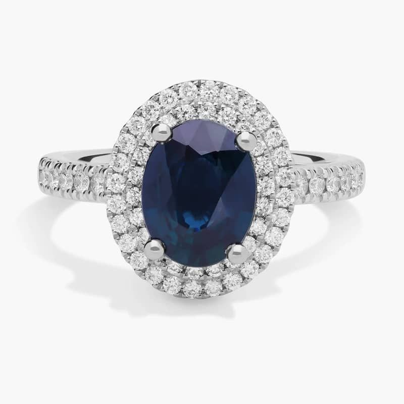 Oval Sapphire and Diamond Double Halo Micropavé Ring in 18k White Gold (9x7mm)