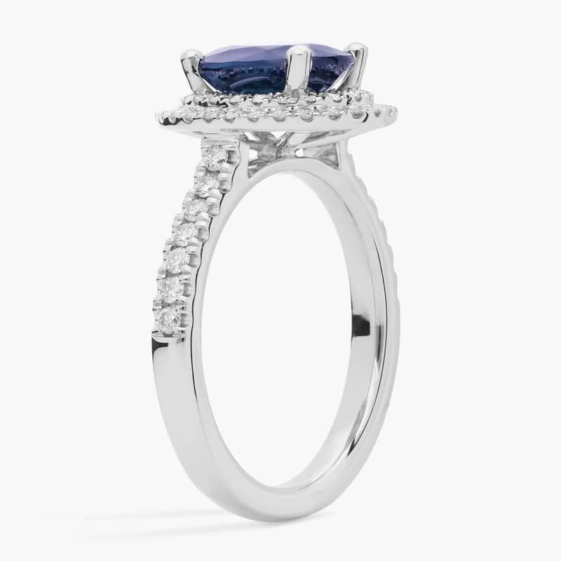 Oval Sapphire and Diamond Double Halo Micropavé Ring in 18k White Gold (9x7mm)