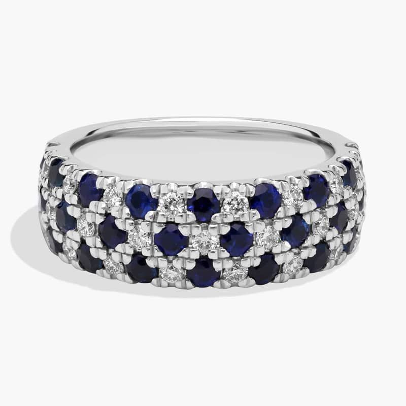 Alternating Sapphire and Diamond Triple Row Ring in 14k White Gold