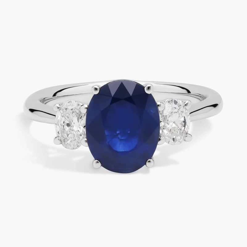 Sapphire and Diamond Three Stone Ring in 14k White Gold (9x7mm)