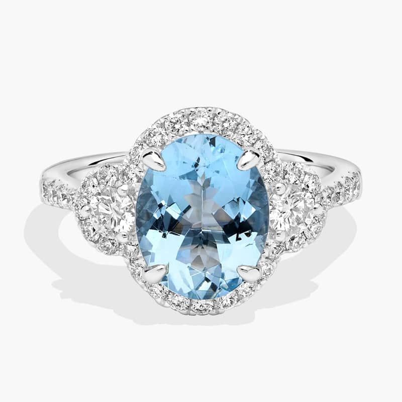 Oval Aquamarine and Diamond Halo Ring in 14k White Gold (10x8mm)