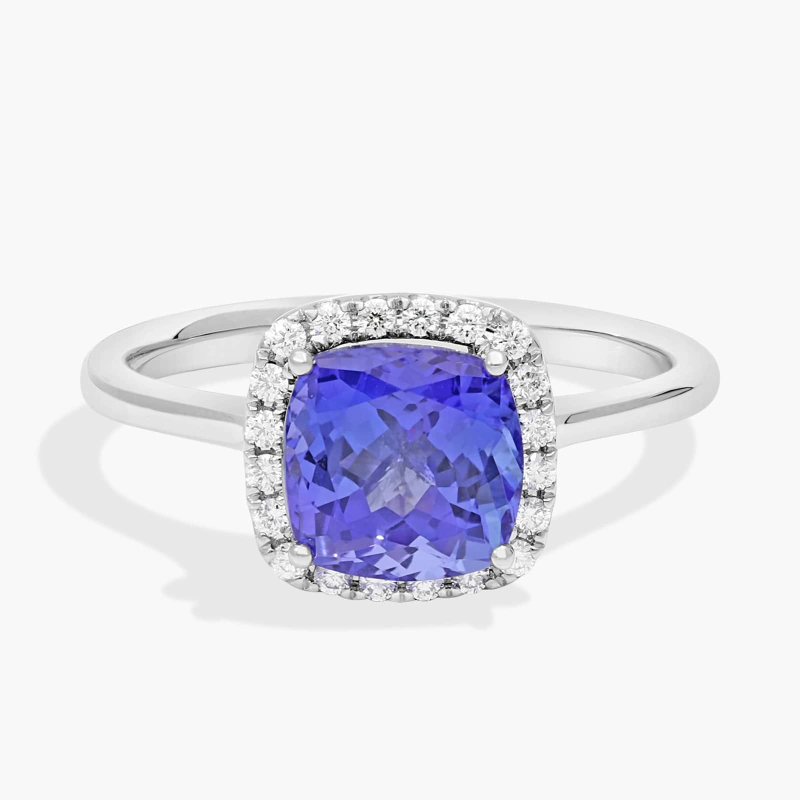 Tanzanite Cushion and Diamond Halo Ring in 14k White Gold (7x7mm)