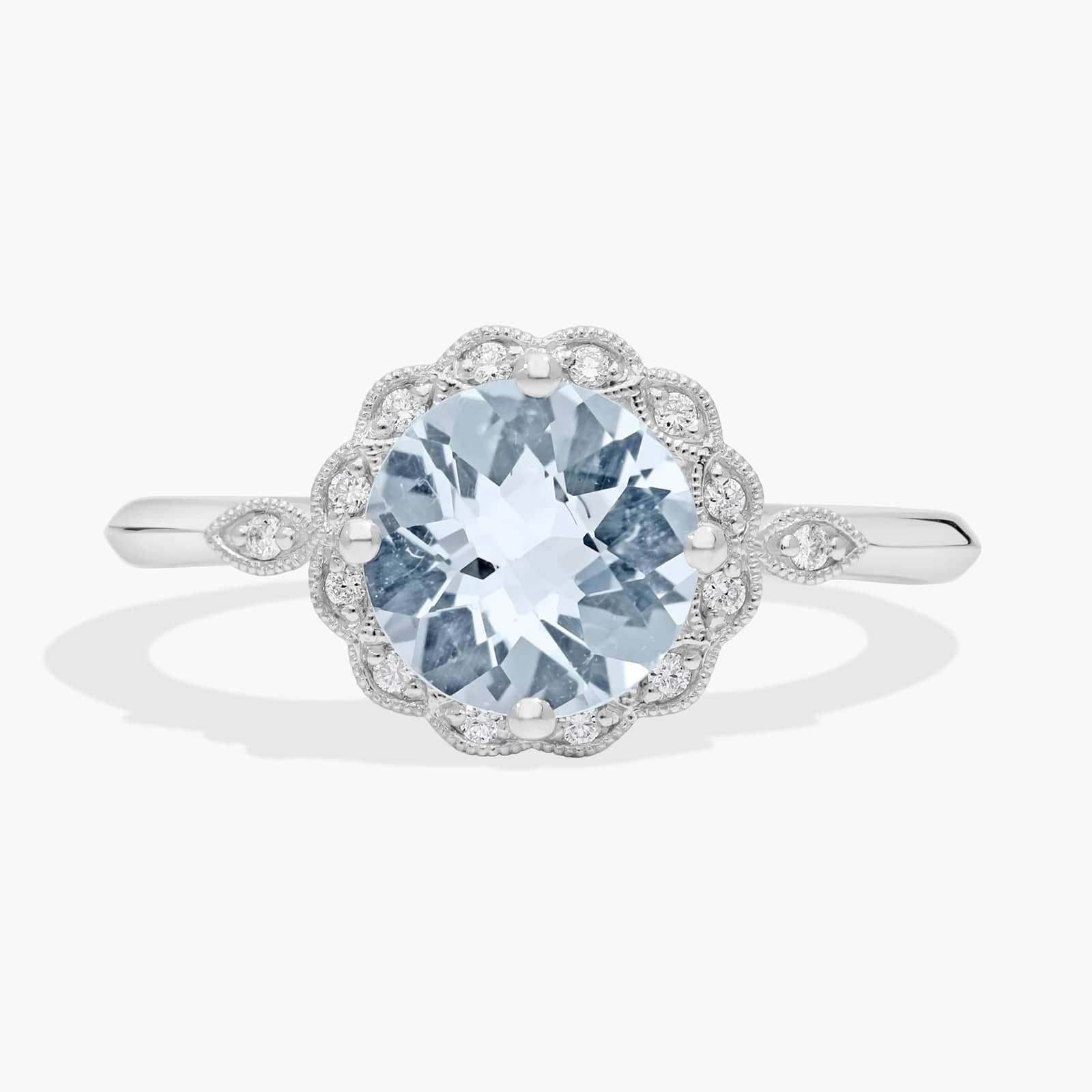 Aquamarine and Diamond Milgrain Halo Ring in 14k White Gold (8mm)