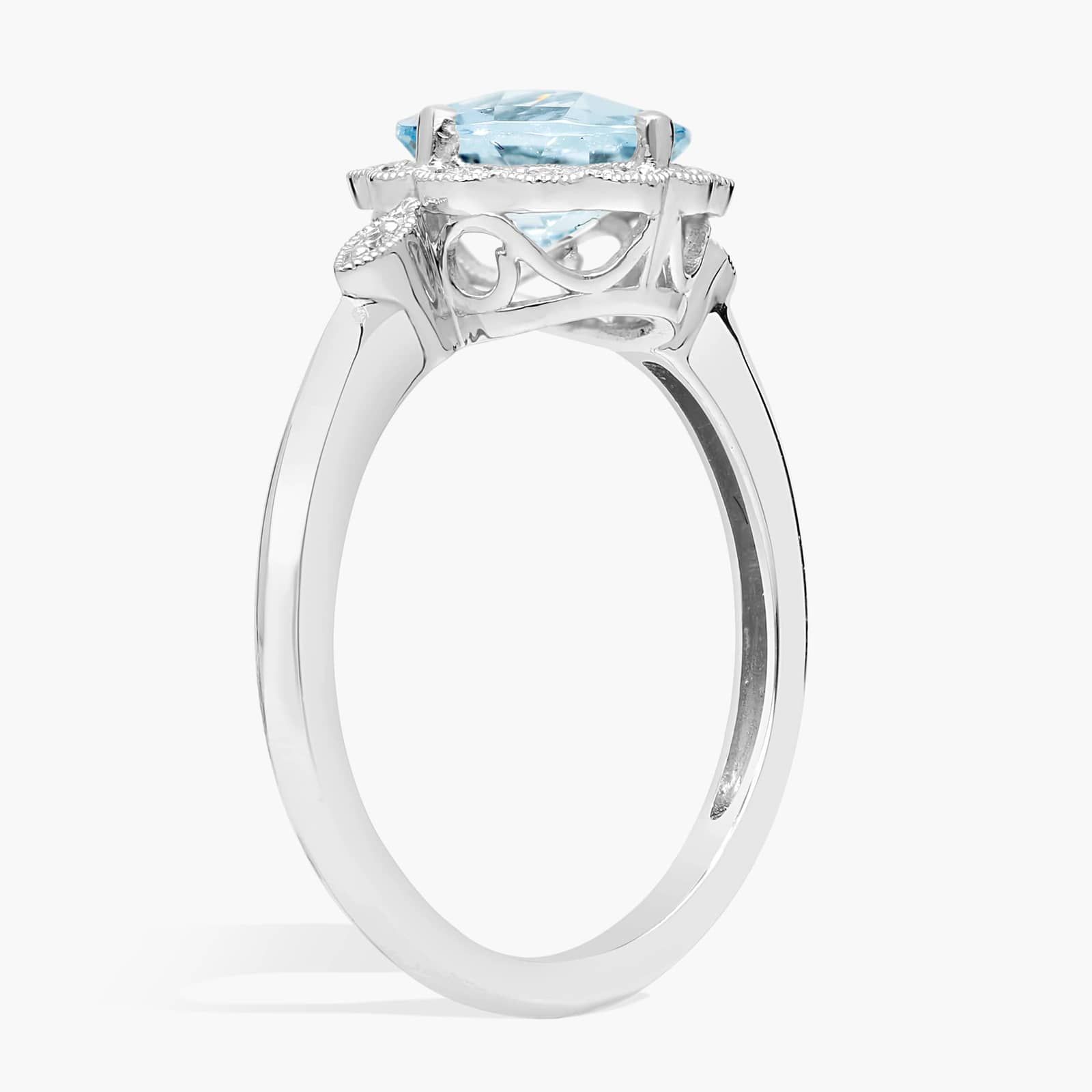 Aquamarine and Diamond Milgrain Halo Ring in 14k White Gold (8mm)