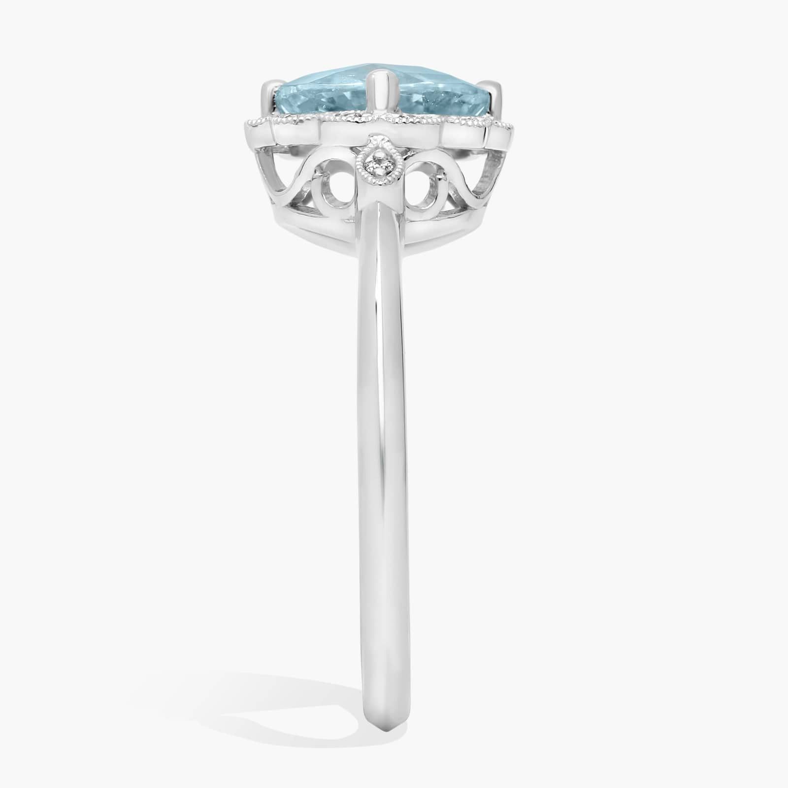 Aquamarine and Diamond Milgrain Halo Ring in 14k White Gold (8mm)