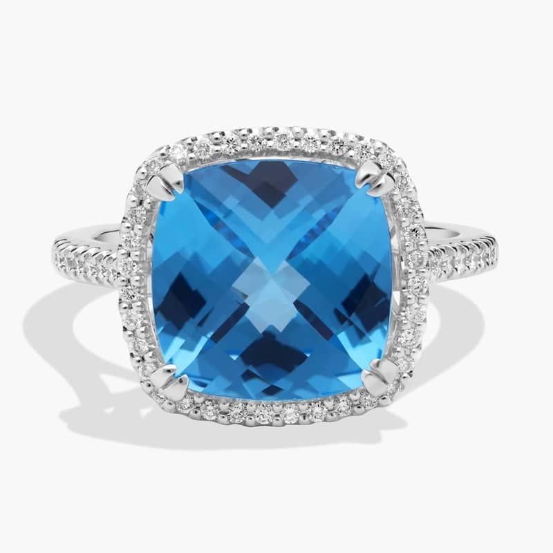 Cushion-Cut Swiss Blue Topaz Diamond Halo Cocktail Ring in 14k White Gold (10.5mm)