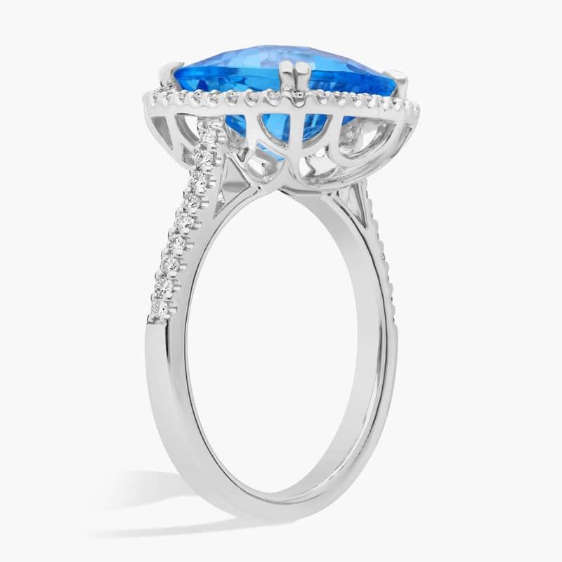 Cushion-Cut Swiss Blue Topaz Diamond Halo Cocktail Ring in 14k White Gold (10.5mm)